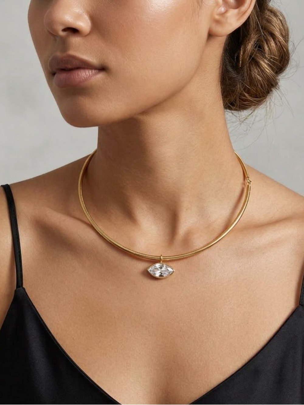Gold Choker Necklace with Marquise Faux Diamond Crystal Pendant
